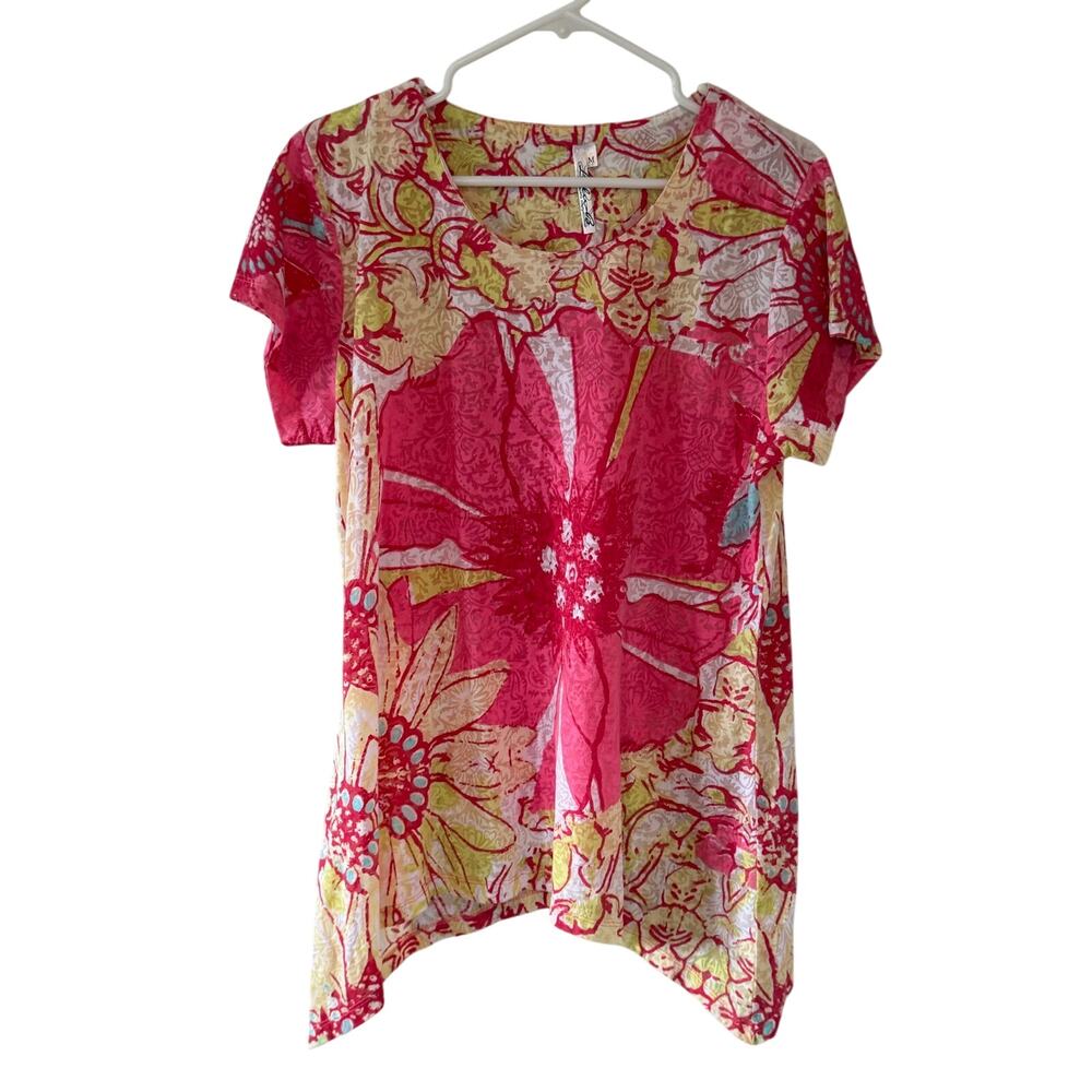 Women's Lulu B Pink Yellow Floral Pattern Asymmetrical Top Blouse Shirt Sz M